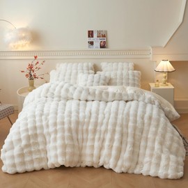 LIFEREVO Luxury Fluffy Faux Rabbit Fur Duvet Cover Set, Soft Ivory Plush Shaggy Bubble Bedding Set Home Decoration, 1 Fuzzy Washable Comforter Cover + 2 Furry Pillowcases, Zipper Closure, Beige, Queen