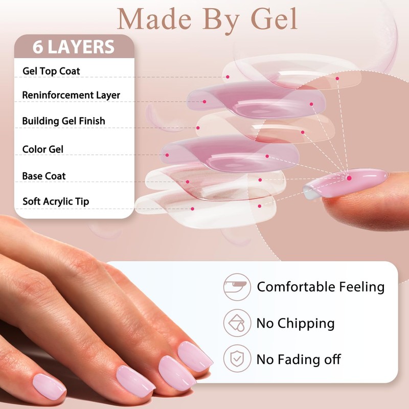 Rose Pink Press on Nails Medium Short Square,Xcreando Glue on