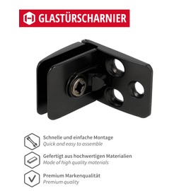 Gedotec Glass Door Hinge Middle Hinge Black Matt Square I Easy Installation of Glass Plate for Clamping I Use Centre - Open Design