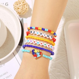 Autism Awareness Bracelets Set Puzzle Piece Charm Proud Love Heart Ribbon Colorful Beaded Stackable Bracelet Yoga Meditation Jewelry Gift-B