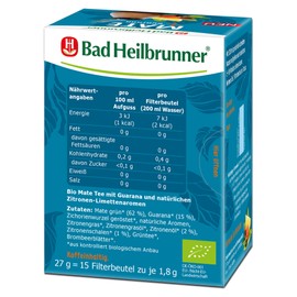 Bad Heilbrunner Bio Mate Guarana Tee - im Filterbeutel - Mate, Guarana-Samen, Zitronenschalen - klassischer Mate Tee aus Südamerika mit Kurkuma (5 x15 Filterbeutel)