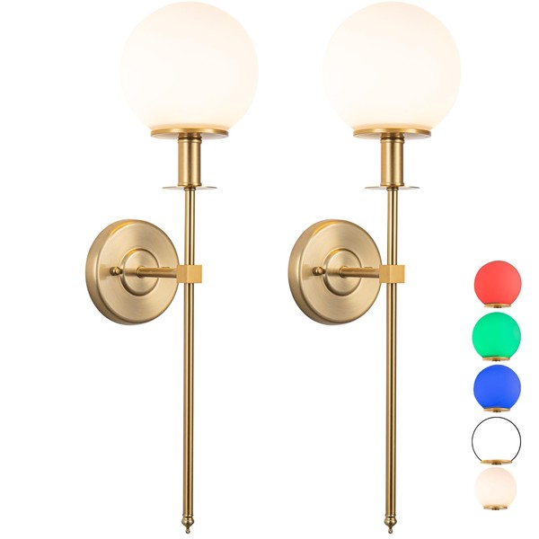 Tumgog Battery Operated Wall Sconces Set of 2,Not Hard Wired Brass Gold -White Glass Globe Wall Lights, Wireless Lamp Fixture for Bedroom, Living Room, Bathroom, Hallway