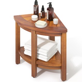YITAHOME 18" Corner Shower Bench with Storage Shelf, Wood Corner Seat for Inside Shower, Corner Shower Stool Seat with Non-Slip Levelers for Bathroom, Living Room, Indoor and Outdoor Use