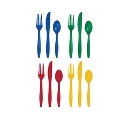 Disposable Party Cutlery Set, 72 Pieces, Assorted Colors, 24 Place Settings with Forks Knives Spoons, Royal Blue, Red, Green & Yellow, 6-7 Inch