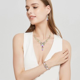 EVER FAITH Crystal Jewellery Set, Wedding/Bridal Art Deco Floral Teardrop Necklace, Earrings and Bracelet Set, Rhinestone