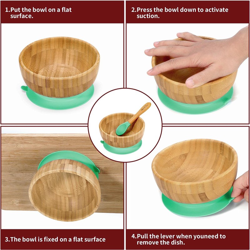 Vinsani Bamboo Bowl and Spoon Set for Baby/Toddler, Suction Plate,