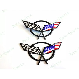 AUTO 2PC Black Front & Rear Deck Lid Cross Blue US Flags Emblem 1997-2004 C5 Corvette
