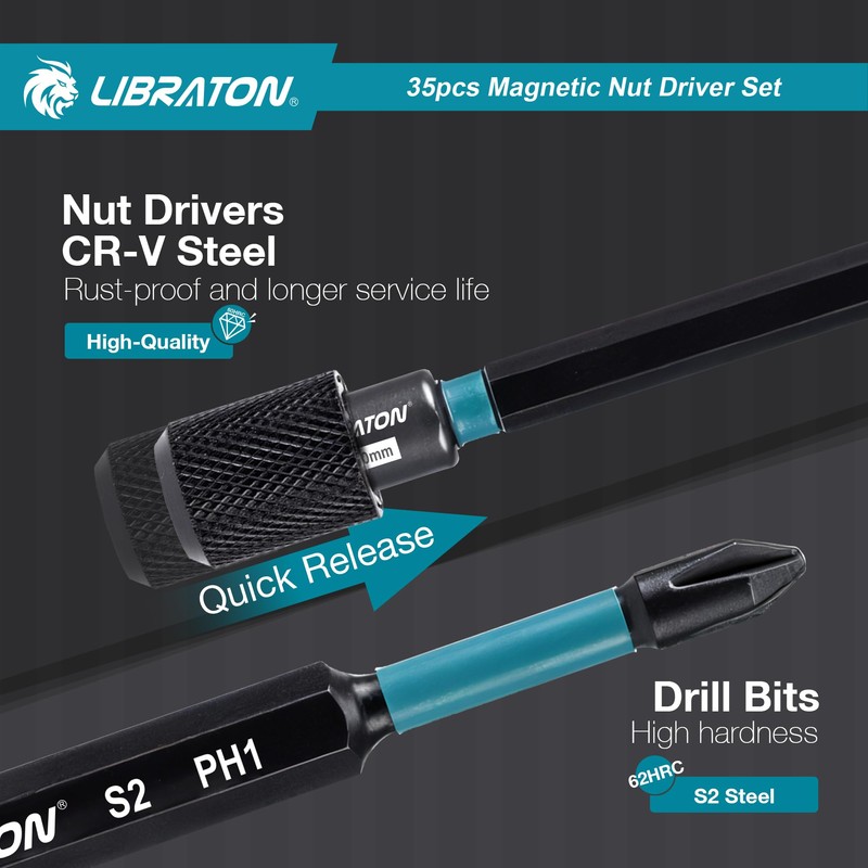 LIBRATON Magnetic Nut Driver Set, 35PCs Impact Driver Bit Set,