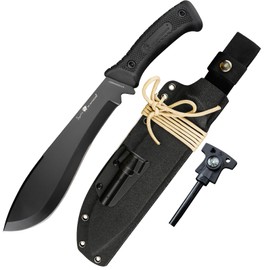 HX Outdoors Full Tang Machete Kukri with Multipurpose Sheath, Premium D2 Steel Bushcraft Knife with Non Slip Rubber Handle for Outdoor, Clearing Brush, Gardening (Black)