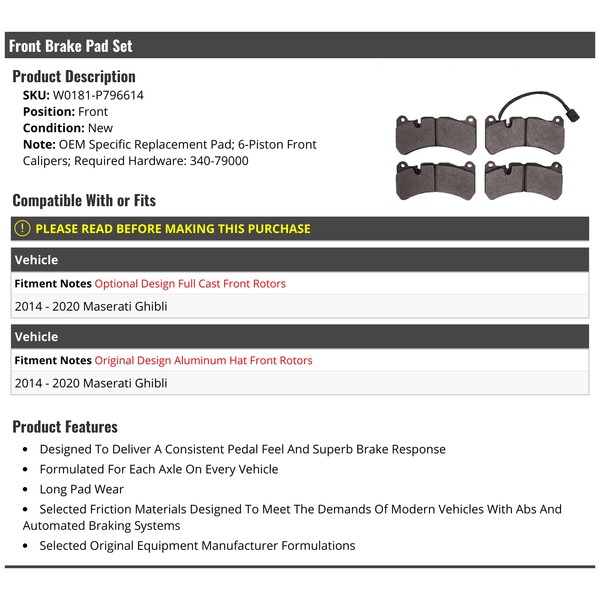Front Brake Pad Set - Compatible with 2014-2020 Maserati Ghibli with 6-Piston Front Calipers