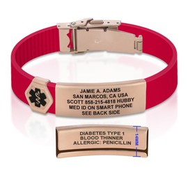 Divoti Divoti Custom Dual-Sided Engraved Silicone Medical Alert ID Wristband w/Security Clasp & Trim-to-Fit Crisp Red Silicone Band w/Security Clasp - 14MM PVD Rose Gold/Black