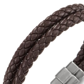 Two-Row Dark Brown Braided Leather Bangle Bracelet Men Women, Leather Wristband with Magnetic Clasp