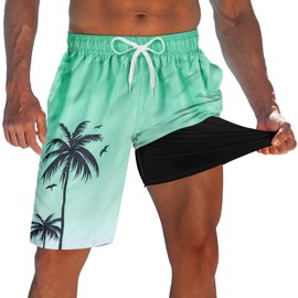 westwolf Mens Swim Trunks with Compression Liner White Green 9" Board Shorts for Men Quick Dry Men's Bathing Suits Beach Swim Trunks Men with Inner Pocket Mens Swim Shorts M