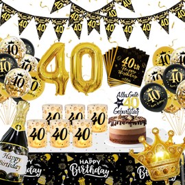 WINAROI 40th Birthday Decoration Men Women 40th Black Gold Birthday Decoration Balloons with Lantern Table Decoration Napkins Table Cloth Decoration 40th Birthday Balloons Birthday Party Decoration