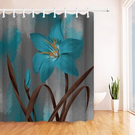 RnnJoile Blue and Brown Shower Curtain Turquoise Lily Teal Flower Bath Curtain Large Single Bold Floral Bathroom Decor with Hooks 72"×72"
