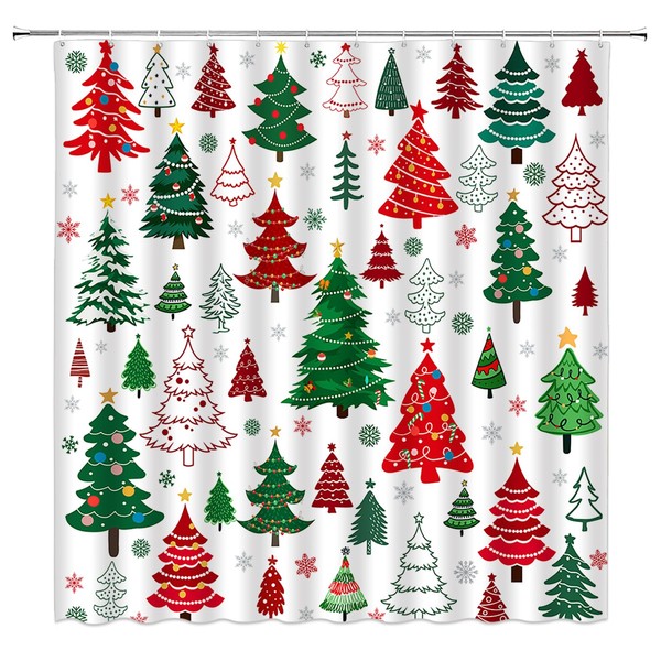 Christmas Shower Curtain Cute Xmas Tree Snowflake Modern Colorful Snowy