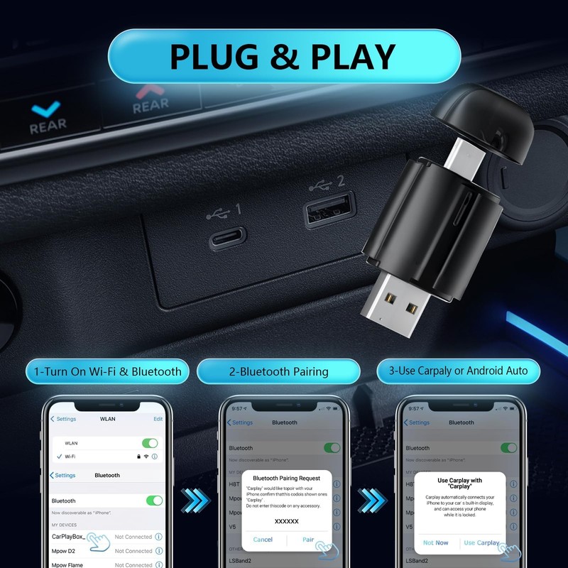 Wireless CarPlay Adapter for Apple, Convert Wired to Wireless Apple