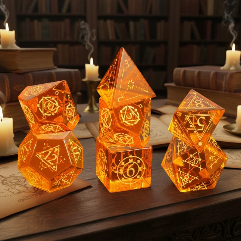 7-Piece Orange Crystal Glass Pattern Polyhedral D6 D20 Dice Set