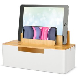 CRROEL Cable Tidy Box,Cable Management Box with Dual-purpose Lid for Phones/Tablets/Smartwatches/Book, Desktop Cord Organizer for Tidy Workspace (White)