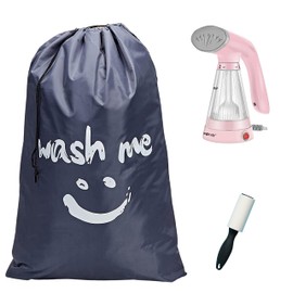 True & Tidy Complete Garment Care Set - Handheld Travel Steamer with Extra Large Laundry Bag and Lint Roller Bundle (Pink)