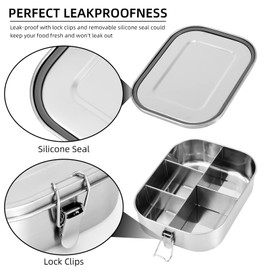 VIKCOLEE Stainless Steel Bento Lunch Food Box Container, 5-Compartment Large 1400ML Metal Lunch Box Container for Adults with Lockable Clips to Leak - Dishwasher Safe