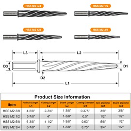 4PCS M2 HSS Reamer Drill Bit Set, 3/8", 1/2", 5/8", 3/4" Tapered Chucking Reamer-5-Spiral Flutes, 1/2" Non-Slip Shank, Bridge/Construction Reamer Set for Steel, Metal, Wood, Alloy