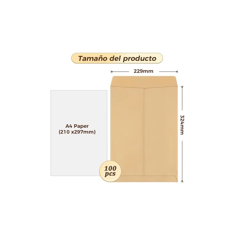 Sobres de Papel Kraft A4 Pack 100 Ecológicos Amarillos
