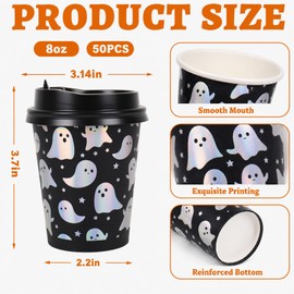 50 Set Halloween Disposable Coffee Cup & Lid, 8oz Holographic Ghost