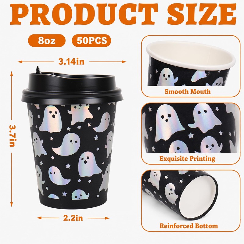 50 Set Halloween Disposable Coffee Cup & Lid, 8oz Holographic