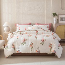 Merryword 8 Pcs Bed in a Bag King Botanical Floral Comforter Set Pink Flowers Down Duvet Pastoral Style Bedding with 1 Comforter, 4 Pillowcases, 1 Flat Sheet, 1 Fitted Sheet, 1 Cushion Cover