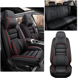 Cscevt 5 Seat Covers Fits 95% of Vehicles Leather Car Seat Covers Waterproof Anti-Slip Soft Car Seat Protectors Comfort Premium Automotive Seat Covers with Airbag（Luxury,Black+Red Bars）