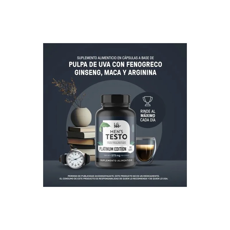 Testo Platinum Life 360+ 180 Cápsulas Fenogreco Ginseng Maca
