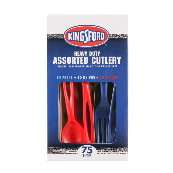 Kingsford Full Size Assorted Plastic Cutlery Heavy Duty Disposable Plastic Cutlery Set Includes 30 Forks 20 Knives and 25 Spoons for Any Occasion Plastic Cutlery, Red, White, Blue, 75 Pieces