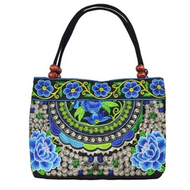 Bolsos de mano clásico para mujer con bordado de hombro para mujer, Peony-blue, Small