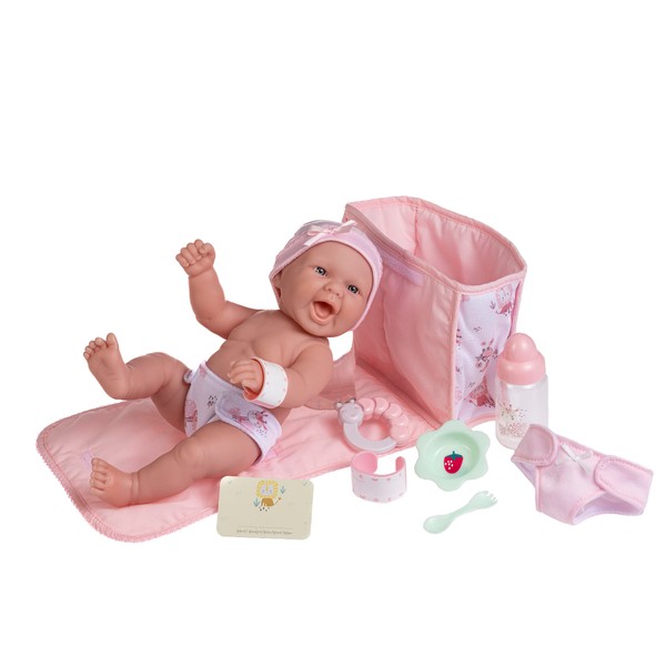 10 Piece Deluxe Diaper Bag Gift Set | Feat. 13" Realistic Smiling Baby Newborn Doll | La Newborn - JC Toys | All Vinyl | Washable | Ages 2+, Pink