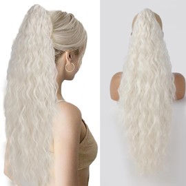 HEVAYO KISS Ponytail Extension Claw 30" Platinum Blonde Pony Tails Hair Extensions Long Wavy Fluffy Natural Synthetic Hairpiece for Women