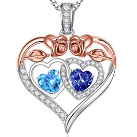 Iefil March December Birthstone Necklace, Anniversary Birthday Gift for Couple Birthstone Jewelry Blue Aquamarine Necklace Blue Tanzanite Necklace