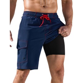 SILKWORLD - Traje de baño para hombre con forro de compresión de 10 pulgadas, pantalones cortos de playa elásticos, Azul marino, 38