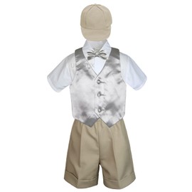 LEADERTUX Baby Kid Toddler Boy Formal Suit Khaki Shorts Shirt Hat Bow tie Vest Set Sm-4T (2T, Silver)