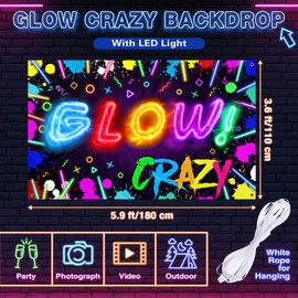 Wiwiqing Glow Crazy Backdrop with LED Light Neon Glowing Birthday Photography Background LED Light Strip 5.9 x 3.6ft Glow in The Dark Party Luminous Banner Sleepover Party Decorations Supplies