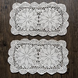 Phantomon Lace Doilies Handmade Crochet Placemats Cotton Doilies Cloth Lace, Pack of 2, Rectangular Shape Table Runner, 10 x 17 inch (Beige)