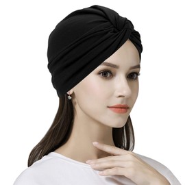 Womens Elastic Cotton Cross Beanie Cap Stretchy Turban Head Scarf Hat Soft Chemo Hair Loss Head Wear Head Wrap Pleated Front Tie Headband Night Sleep Cap Slouchy Skull Cap for Ladies Girls Solid Color