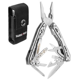 Swiss+Tech Multi-Tool 16 in 1, Multitool Pliers, Stainless Steel Multifunctional Tool with Wire Cutter, Bottle Opener, Screwdriver, Belt Clip for Camping Maintenance, Camping Multi-Tool with Carry Bag