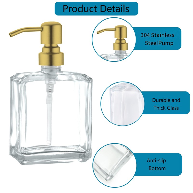 JINCROP 13.5 OZ Glass Soap Dispenser- 2 Pack with Brushed