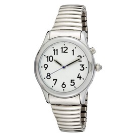 Time Optics Ladies Silver Tone Talking Watch White Face, Two Voices Male & Female English