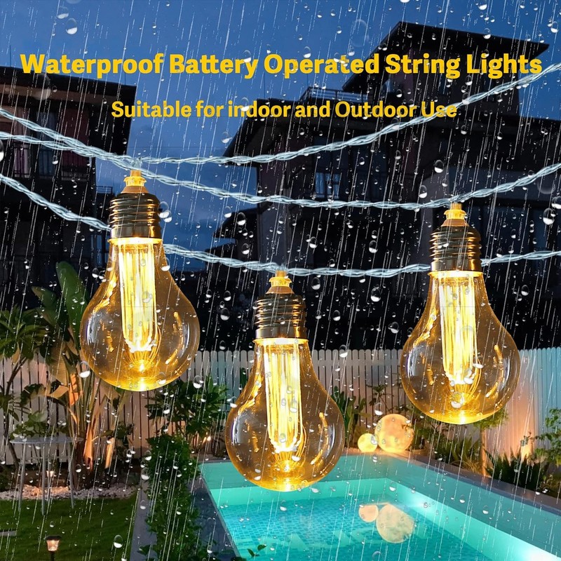 Battery Operated Edison Lights Outdoor String with Timer, 6.56 Ft