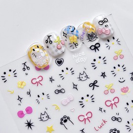 Cartoon Nail Sticker 5D Embossed Nail Decal Cute Bow Cat Claws Nail Designs Gel Nail Stickers for Women Nail Art Supplies Self Adhesive DIY Nail Decorations