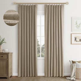 Joywell Khaki Linen 100% Blackout Curtains 108 Inches Long,Pinch Pleated Back Tab Drapes with Hooks Light Blocking Thermal Insulated for Bedroom Living Room,W40 x L108,2 Panels