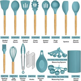 FEEMONT Kitchen Utensils set-Silicon Cooking utensils set 33 pieces-Non-Stick Cookware wtih wooden handle-Heat resistant Silicon Spatula set with holder (GREEN)
