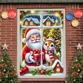 BlissYard Christmas Window Curtain Santa Claus Reindeer Window Decorations 31x47 Inch Cute Santa And Reindeer Curtain Window Decoration Holiday Scene For Festive Home Decoration Christmas Poster